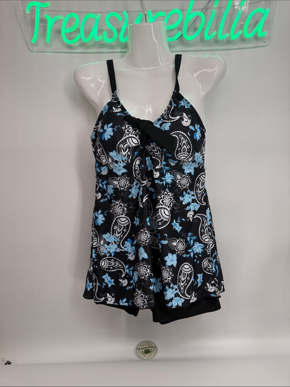 Black & Light Blue Floral Paisley Women’s Swim suit Tankini Set New in bag